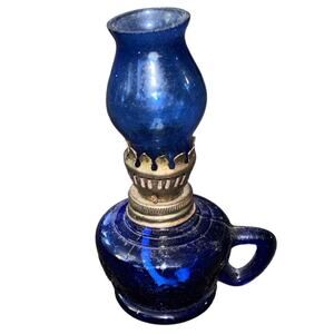 Vintage Cobalt Blue Finger Glass Mini Oil Lamp Hurricane Miniature Raised Design